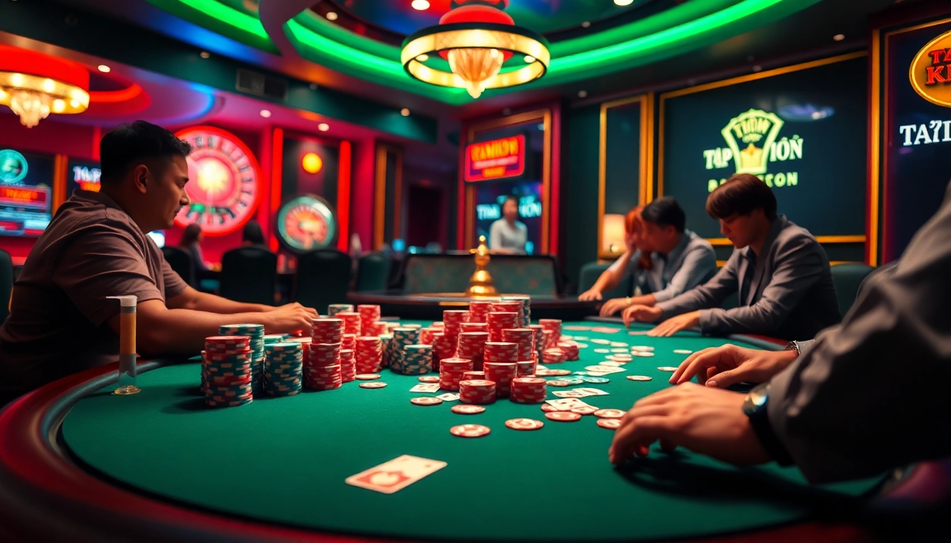 Experience the thrill of gambling with TẬP ĐOÀN KJC at a vibrant poker table, showcasing intense gameplay and vibrant casino elements.