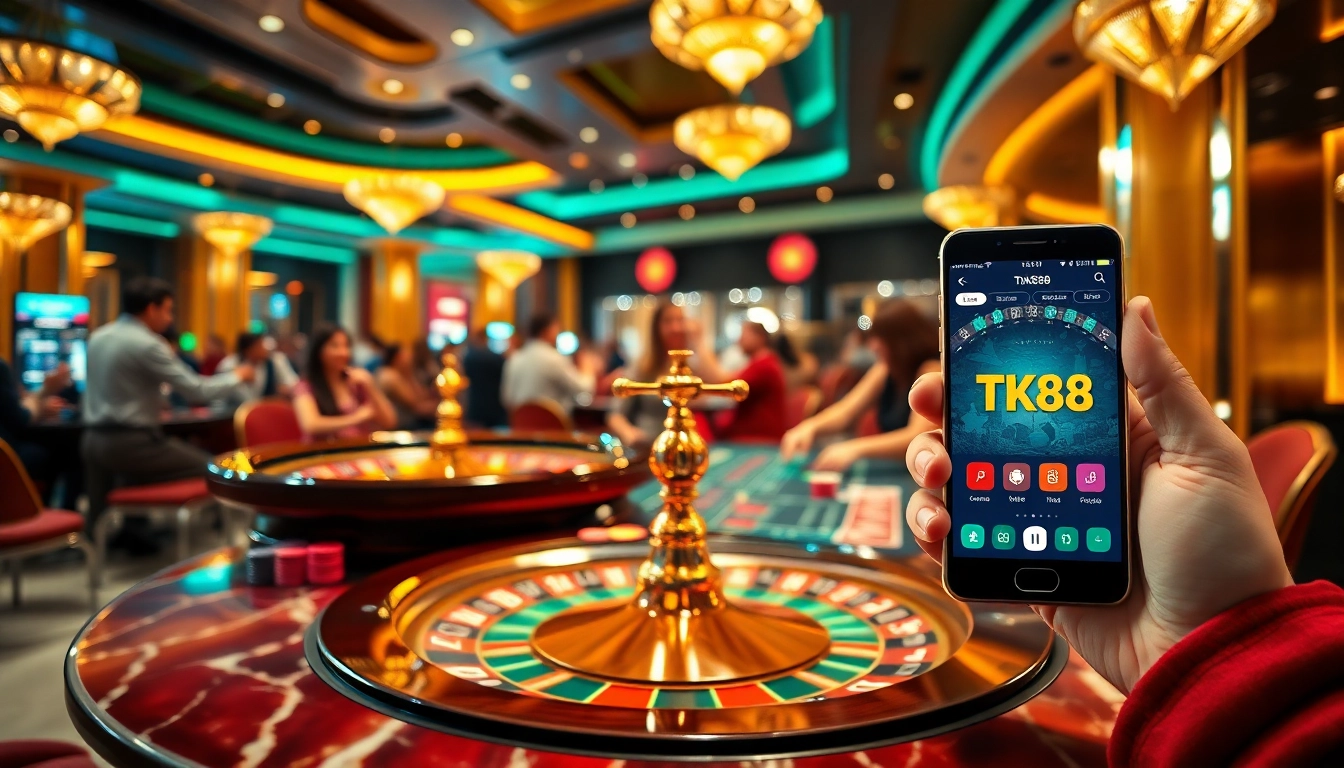 Experience the thrill of the tk88 app as players engage in dynamic poker and roulette games at a luxurious casino.