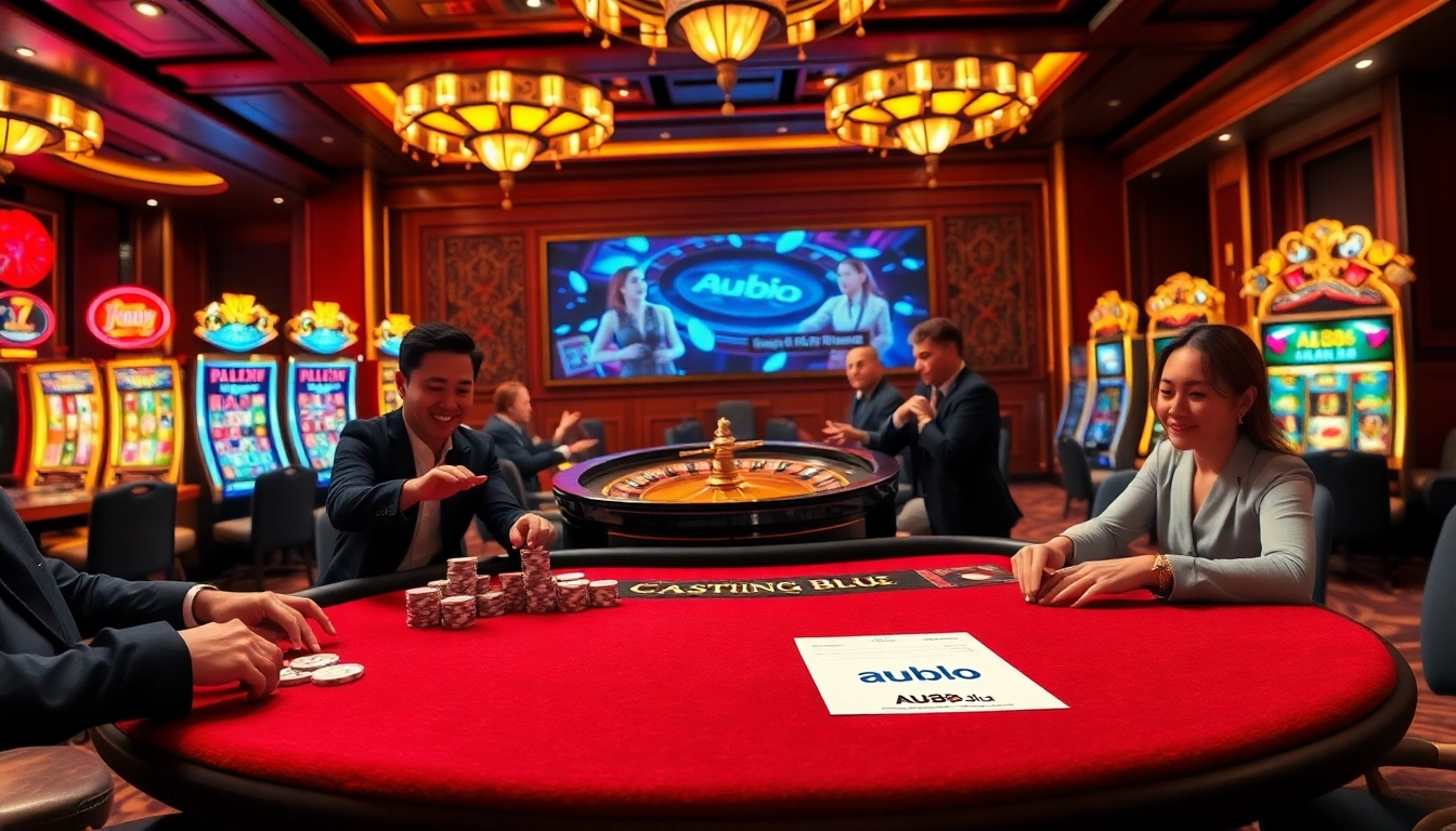 Experience the thrill of AU88.blue with vibrant casino activities at an engaging poker table filled with players.