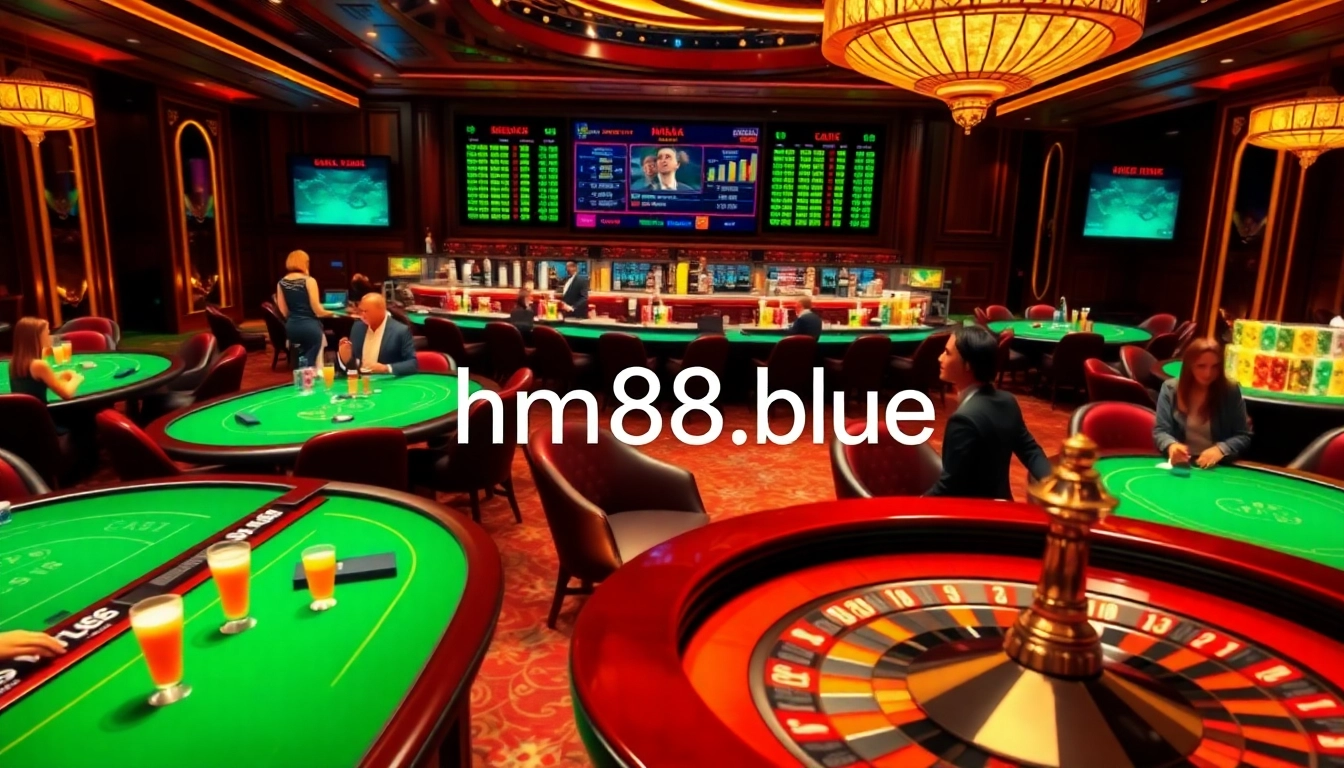 Exciting casino scene featuring gamblers at tables, showcasing hm88.blue's vibrant gaming atmosphere.