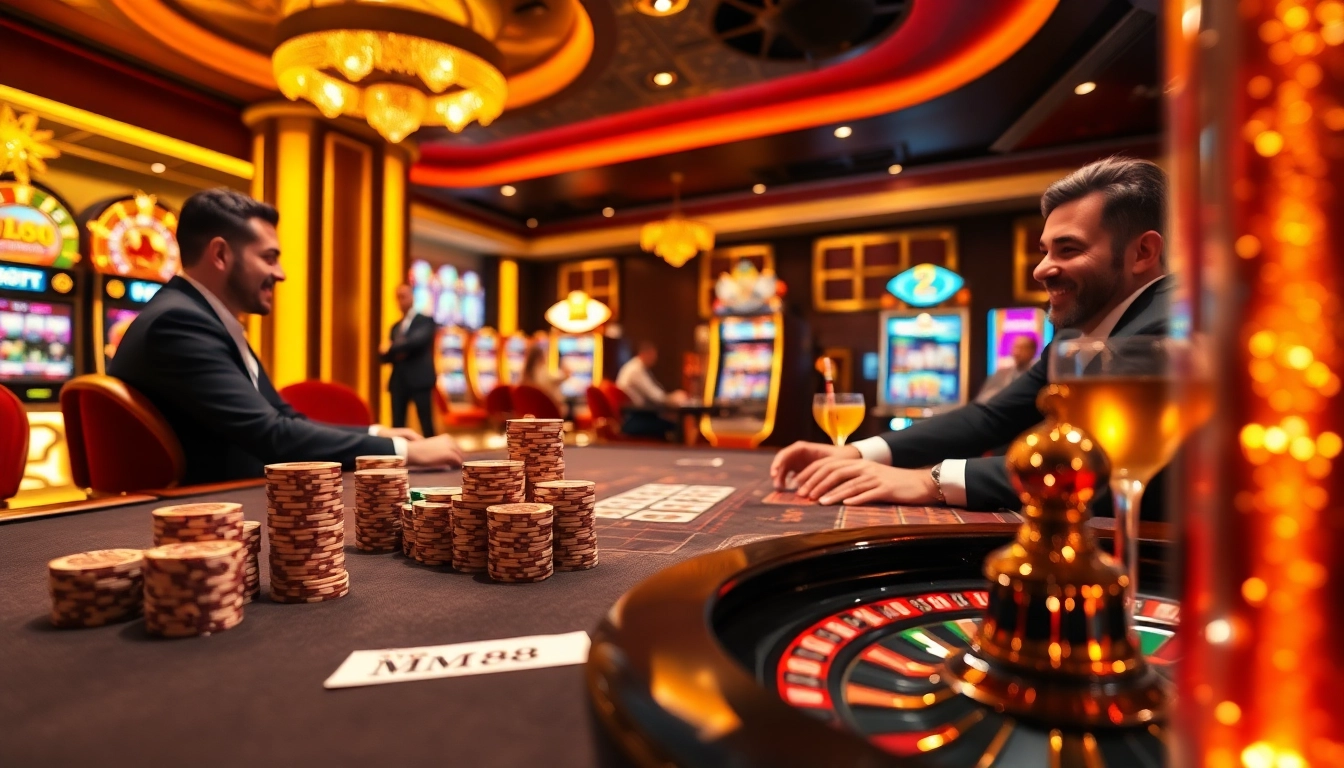 High-stakes poker game at a luxurious casino showcasing MM 88, thrilling players and vibrant slot machines.