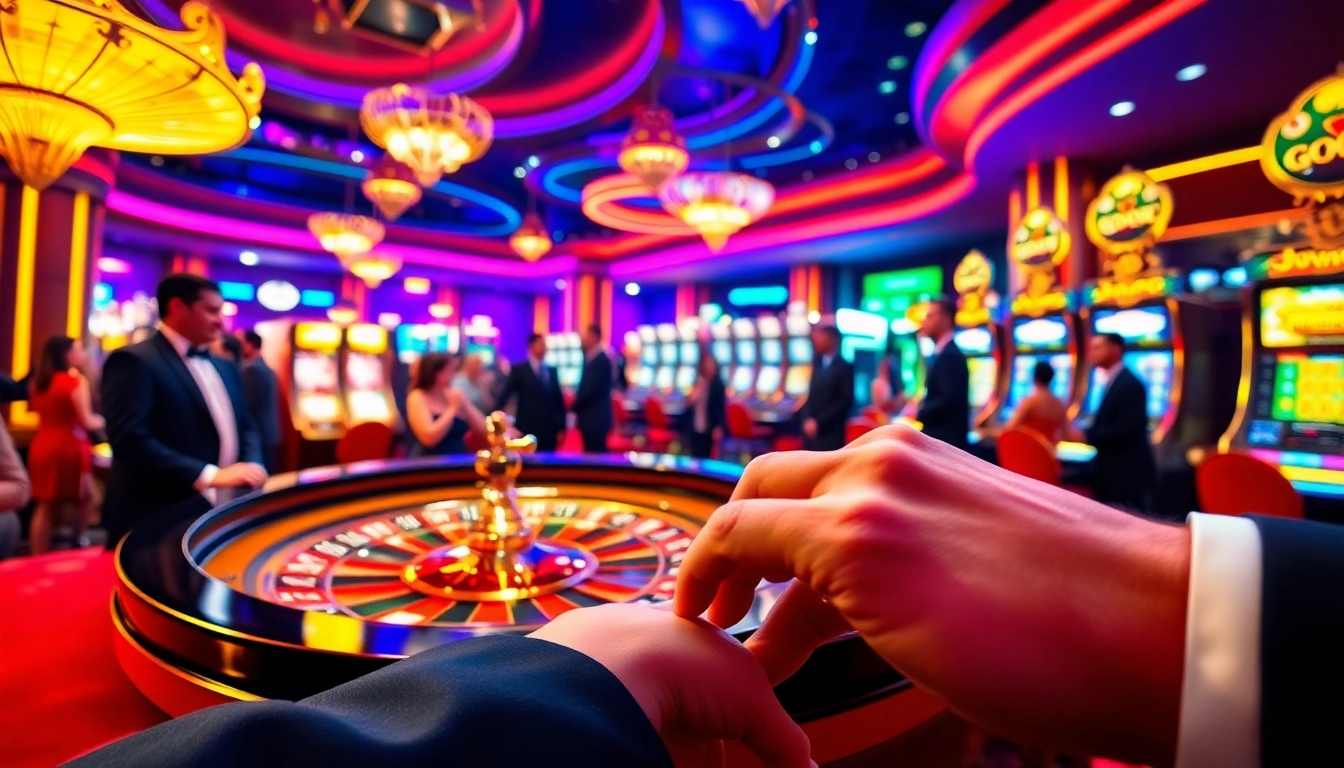 Gambling excitement at 98win's casino floor with patrons placing bets at the roulette table.
