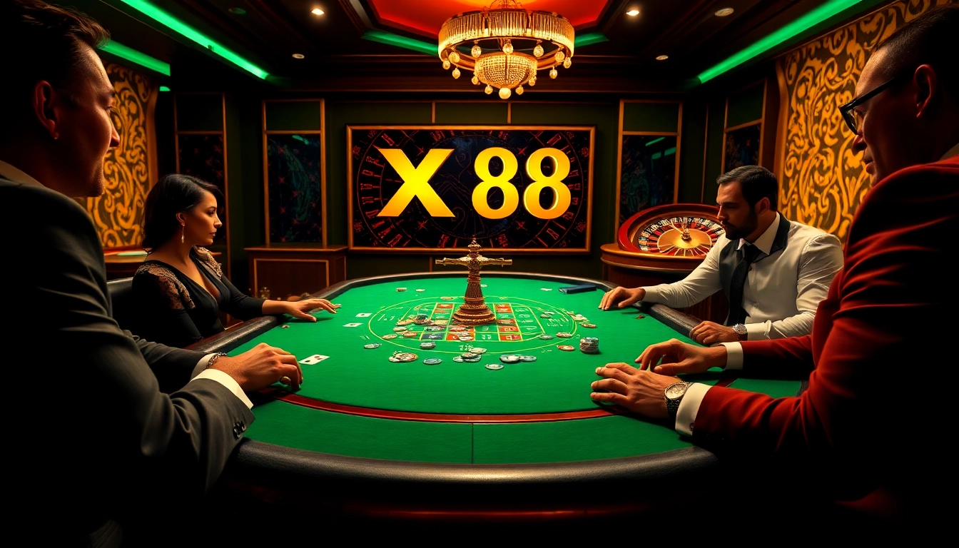 Players engaging in an exciting game at a casino table featuring vibrant XX 88-themed decor and luxurious ambiance.