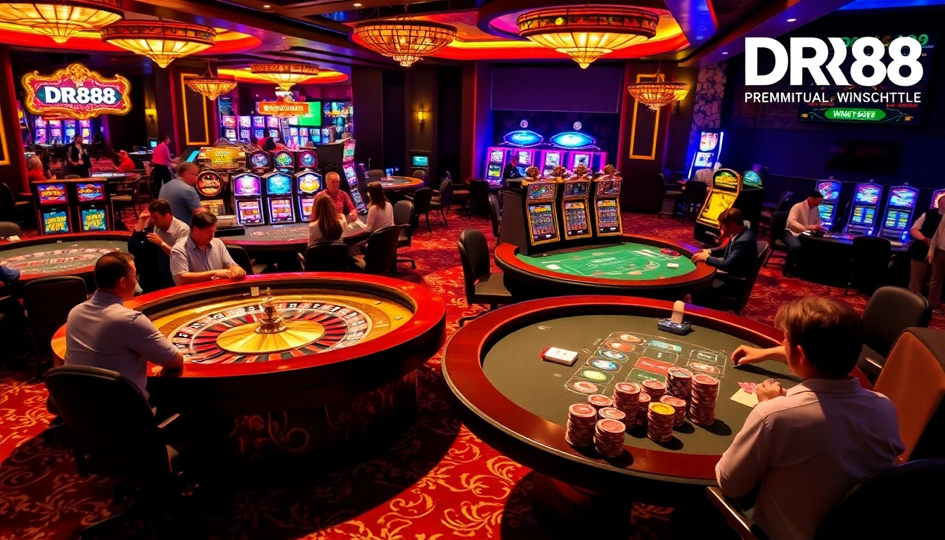 Experience the excitement of DR88 at a vibrant casino with a roulette wheel and eager players.