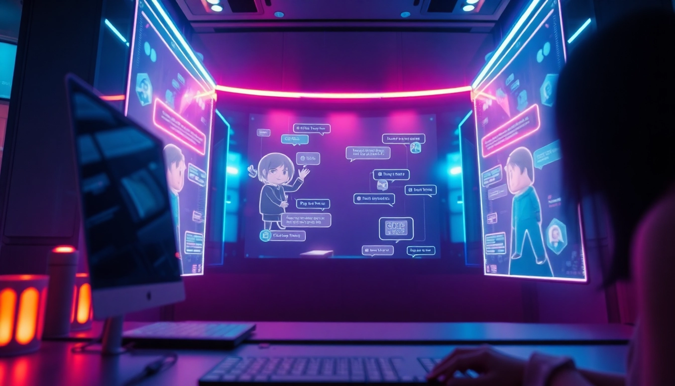 Engaging AI chat porn interface featuring animated characters in a futuristic digital landscape.