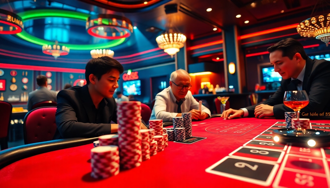 GGSS poker players strategize at a luxurious casino table under warm lighting.