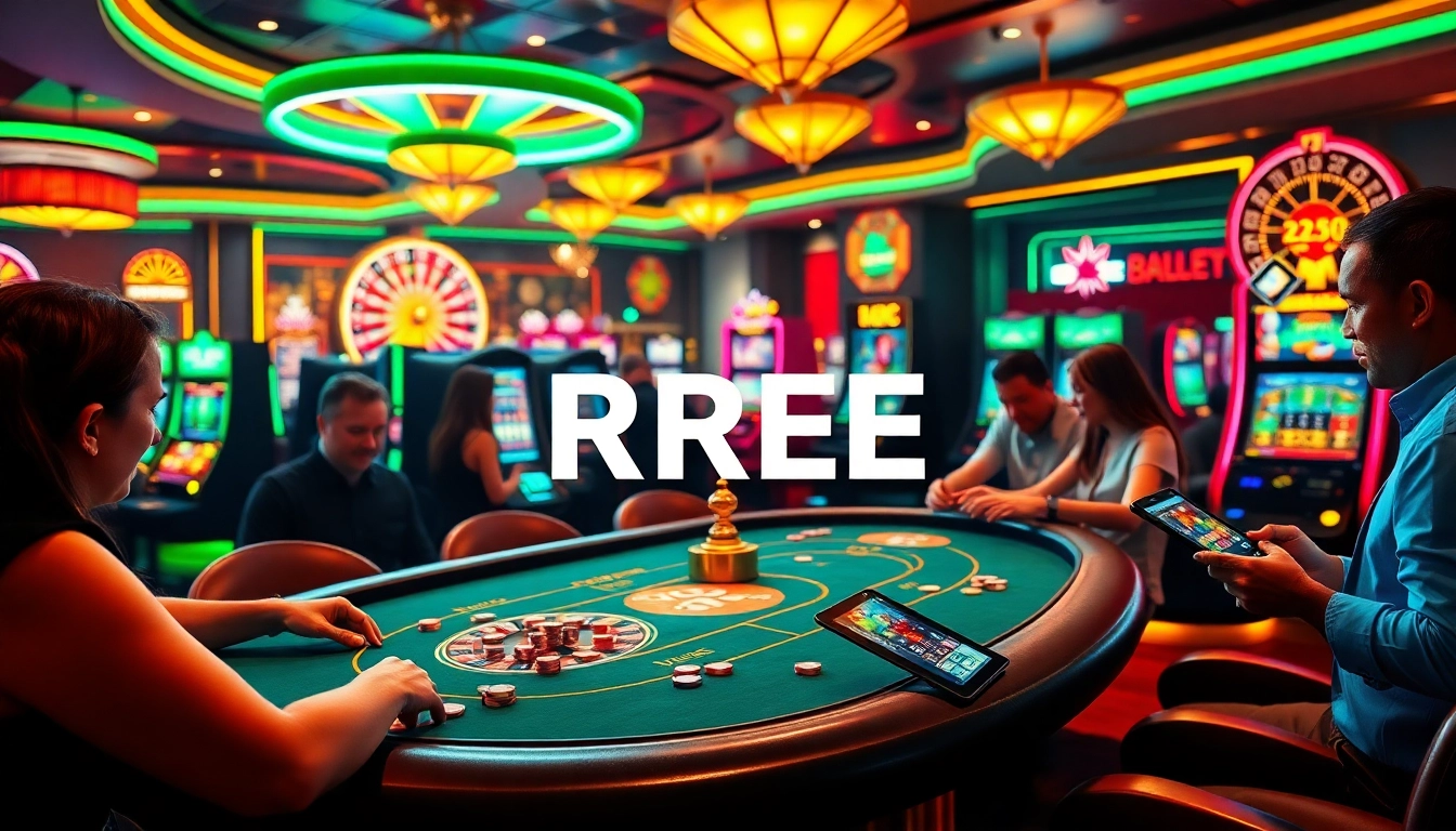 RREE poker players enjoying vibrant casino atmosphere with chips.